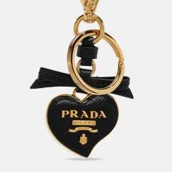 Prada Black Saffiano Leather Gold Tone Heart Key Chain
