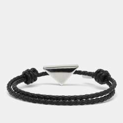 Pre Owned Prada  Black Leather Silver Tone Bracelet 