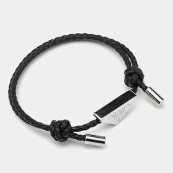 Pre Owned Prada  Black Leather Silver Tone Bracelet 