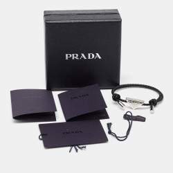 Pre Owned Prada  Black Leather Silver Tone Bracelet 