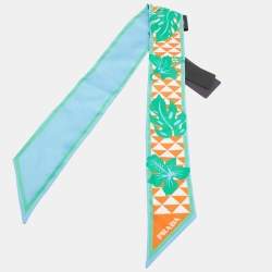 Pre Owned Prada Blue/Orange Triangle Hibiscus Print Silk Bandeau Scarf