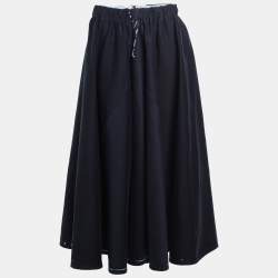Pre Owned Prada Navy Blue Cotton Waist Tie Detail Midi Skirt L