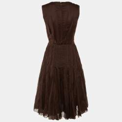 Prada Brown Cotton Pleated Detail Midi Dress S