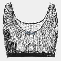 Prada Black Rhinestone Mesh Sheer Crop Top M