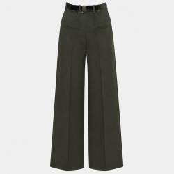 Pre Owned Prada Green Gabardine Belted High Waisted Trousers XS