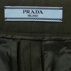 Pre Owned Prada Green Gabardine Belted High Waisted Trousers XS