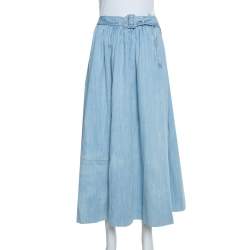 مملوكة مسبقًا Prada Blue Denim Flared Belted Midi Skirt L