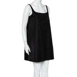Prada Black Synthetic Logo Embossed Patch Pocket Detail Oversized Slip Dress S