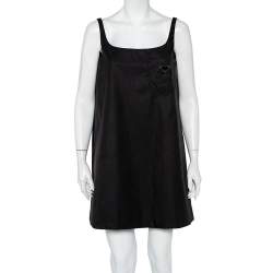 Prada Black Synthetic Logo Embossed Patch Pocket Detail Oversized Slip Dress S
