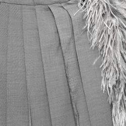 Pre Owned Prada Grey Wool & Silk Fur Trim Pleated Midi Skirt S
