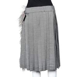 Pre Owned Prada Grey Wool & Silk Fur Trim Pleated Midi Skirt S