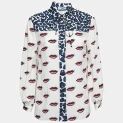 Prada White Lips & Hearts Print Silk Front Tie Neck Shirt S