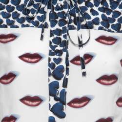 Prada White Lips & Hearts Print Silk Front Tie Neck Shirt S