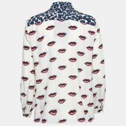 Prada White Lips & Hearts Print Silk Front Tie Neck Shirt S