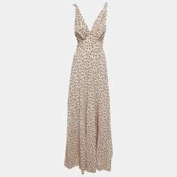 Prada Multicolor Printed Silk Plunge Neck Ramage Gown L 