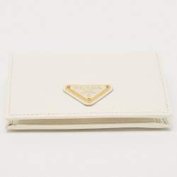 Prada White Saffiano Leather Logo Flap Card Case