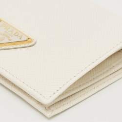 Prada White Saffiano Leather Logo Flap Card Case