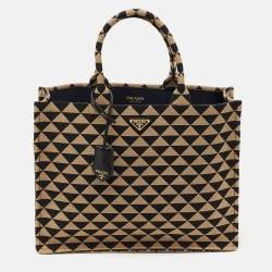 Prada Black/Beige Triangolo Symbole Embroidered Jacquard Large Tote