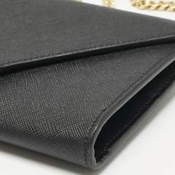 Prada Black Saffiano Triang Leather Envelope Chain Clutch
