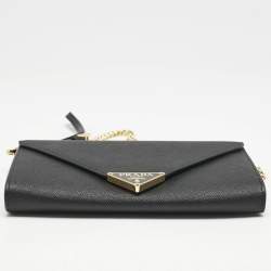 Prada Black Saffiano Triang Leather Envelope Chain Clutch