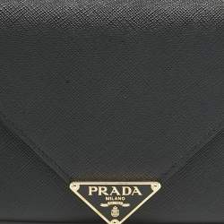 Prada Black Saffiano Triang Leather Envelope Chain Clutch