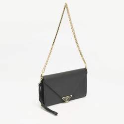 Prada Black Saffiano Triang Leather Envelope Chain Clutch