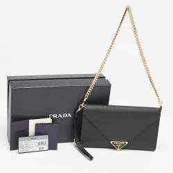 Prada Black Saffiano Triang Leather Envelope Chain Clutch