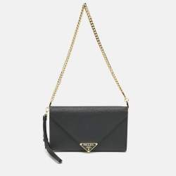 Prada Black Saffiano Triang Leather Envelope Chain Clutch