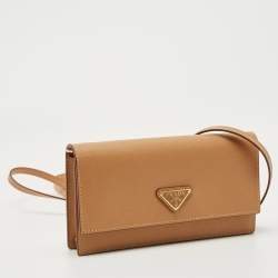 Pre Owned Prada Tan Saffiano Metal Leather Tringale Logo Flap Wallet On Strap
