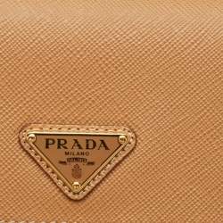 Pre Owned Prada Tan Saffiano Metal Leather Tringale Logo Flap Wallet On Strap