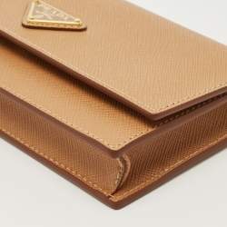 Pre Owned Prada Tan Saffiano Metal Leather Tringale Logo Flap Wallet On Strap