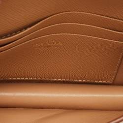 Pre Owned Prada Tan Saffiano Metal Leather Tringale Logo Flap Wallet On Strap
