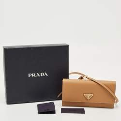 Pre Owned Prada Tan Saffiano Metal Leather Tringale Logo Flap Wallet On Strap