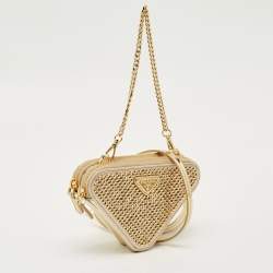 Pre Owned Prada Gold Leather and Satin Crystal Embellished Mini Triangle Pouch