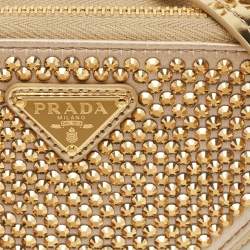 Pre Owned Prada Gold Leather and Satin Crystal Embellished Mini Triangle Pouch