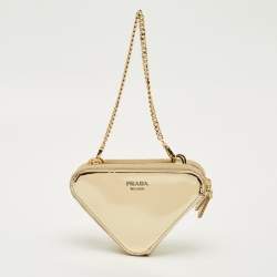 Pre Owned Prada Gold Leather and Satin Crystal Embellished Mini Triangle Pouch