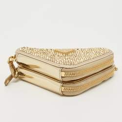 Pre Owned Prada Gold Leather and Satin Crystal Embellished Mini Triangle Pouch