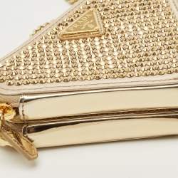 Pre Owned Prada Gold Leather and Satin Crystal Embellished Mini Triangle Pouch