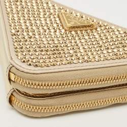 Pre Owned Prada Gold Leather and Satin Crystal Embellished Mini Triangle Pouch