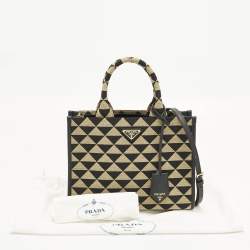 Pre Owned Prada Symbole Small Beige/Black Embroidered Canvas Tote
