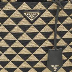 Pre Owned Prada Symbole Small Beige/Black Embroidered Canvas Tote