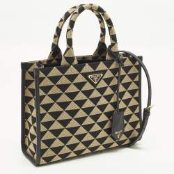 Pre Owned Prada Symbole Small Beige/Black Embroidered Canvas Tote