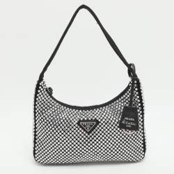 Pre Owned Prada Re-Edition 2000 Black Satin and Crystals Shoulder Bag