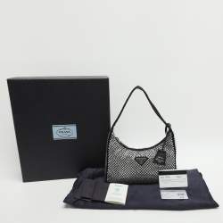 Pre Owned Prada Re-Edition 2000 Black Satin and Crystals Shoulder Bag