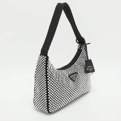 Pre Owned Prada Re-Edition 2000 Black Satin and Crystals Shoulder Bag