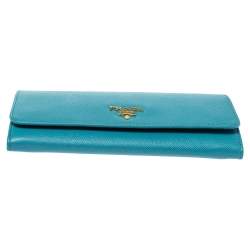 Pre Owned Prada Turquoise Saffiano Lux Leather Flap Continental Wallet