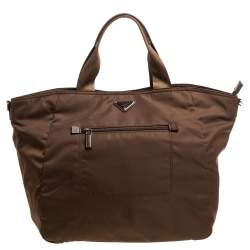 Pre Owned Prada Brown Tessuto Nylon Front Pocket Shopper Tote
