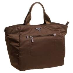 Pre Owned Prada Brown Tessuto Nylon Front Pocket Shopper Tote