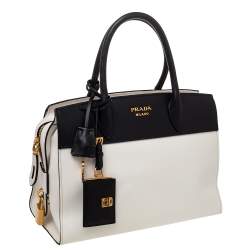 Pre Owned Prada White/Black Saffiano Lux And City Leather Medium Esplanade Satchel