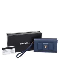 Pre Owned Prada Blue Saffiano Leather Bow Flap Wristlet